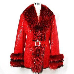 100% LEATHER SHEARLING COAT JACKET COLLAR RED SIZE L BRAND NEW 114